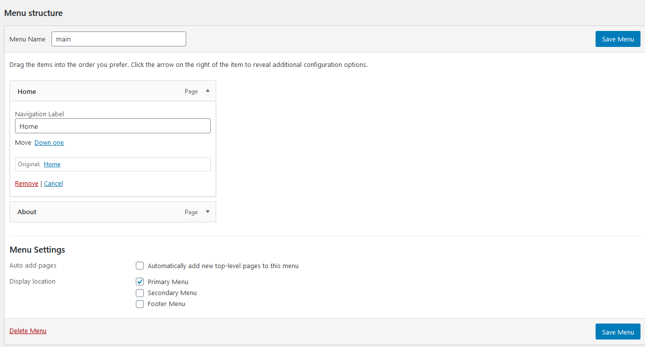 WordPress Appearance Menues Structure