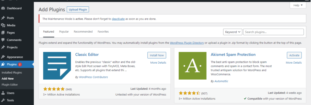WordPress Add New Plugin Page