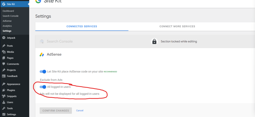 exclude ads from logged in users google site kit wordpress