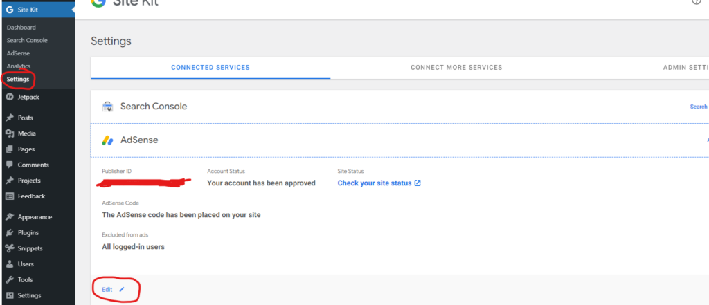 site kit adsense settings