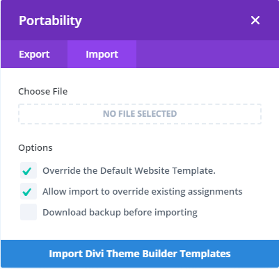 divi theme builder import interface button