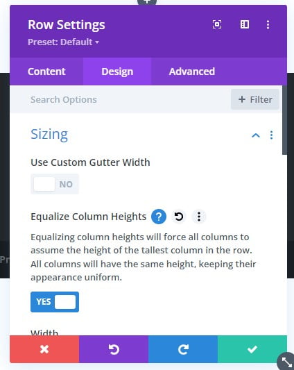 divi sizing option equalize column heights to make the same size
